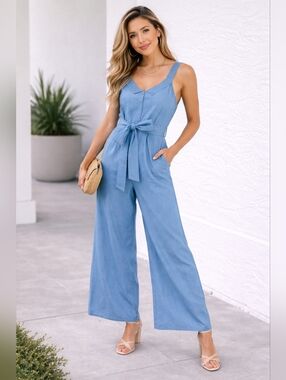 Chambray Wide Leg Jumpsuit | Belted Casual Chic (Flaw)